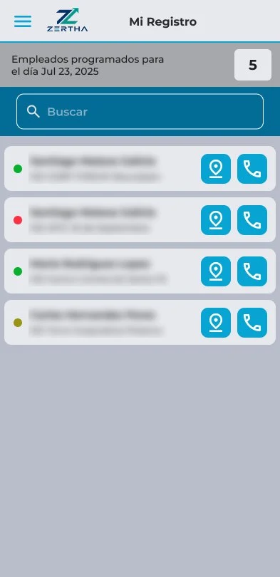 App ZERTHA: lista de empleados programados por sitio con ubicación y llamada