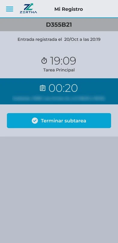 App ZERTHA: entrada registrada con el tiempo de la tarea principal y de la subtarea