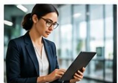 Colaboradora consultando datos en una tableta